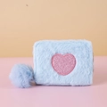Light blue faux fur storage bag with a pink sequin heart and matching pompom charm - Blue