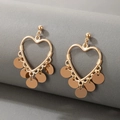 Vintage bohemian gold heart earrings with dangling circular metal disks detail - Gold Heart Black Gravel Tassel Style (17648-ear-G)