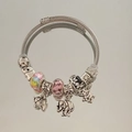 Close-up of beaded stainless steel charm bracelet with engraved elephant pendants - New Fashion Style (B1077-15)