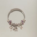 Detail of silver beaded bracelet with heart, elephant, clover charms and purple glass beads - New Fashion Style (B1077-7)
