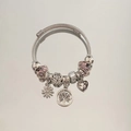 Silver steel wire beaded bracelet with pink glass beads and floral tree pendants - Rose Pink Graffiti Heart Tree of Life Bracelet