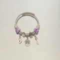 Silver twisted cable bracelet with purple beads, tree of life charms, and heart lock - Purple Fairy Heart Tree of Life Bracelet