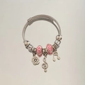 Silver cable wire bracelet with pink glass beads and musical note charm pendants - Pink Flower Note Bracelet