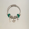 Silver twist bracelet with green beads and heart lock charms in a variant style - Emerald Heart Crown Bracelet