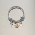 Beaded charm bracelet with light blue glass beads and vintage silver heart lock pendants - Sky Blue Heart Crown Bracelet