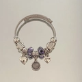 Silver cable bracelet with purple glass beads, heart charms and sunflower pendant - Purple Heart Sunflower Bracelet