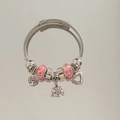 Silver layered charm bracelet with pink beads, elephant pendant and tree of life heart - New Fashion Style (B1077-3)