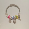 Silver bead bracelet with colorful glass beads and intricate elephant charm pendants - New Fashion Style (B1077-4)