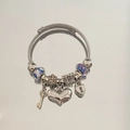 Silver cable bracelet with heart charms, rose, key and blue floral beads style - Heart Key Bracelet