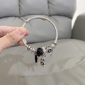 Silver stainless steel DIY beaded bracelet with black gemstone and crystal bear charms - Black Mr. Rabbit Bracelet