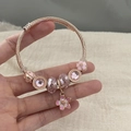 Rose gold twisted rope bangle with pink crystal beads and cherry blossom charm - Pink Rose Bracelet
