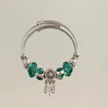 Silver stainless steel cable bracelet with emerald green beads and feather charms - Ocean Heart Dreamcatcher Bracelet (Steel Circle)