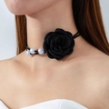 Elegant black fabric rose choker with white pearl accents on double-strand cord - Black Style (30898-nek-black-EP)