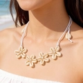 Summer beach necklace with five cream floral charms and adjustable shell buckle - White Flower Shell Adjuster Style (29465-nek-white-1-EP)