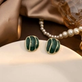 Vintage oval green enamel stud earrings with golden textured trim for elegant women - Dark Green Enamel Oval Style (E4672-2)