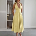 Elegante abito lungo giallo a sfacciato con tessuto jacquard e vita alta aderente - Giallo Oro