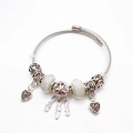 Elegante zilverkleurige bedelarmband met hart- en veerhangers op een witte achtergrond. - Sterrenstelsel
