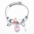 Elegante zilveren bedelarmband met roze kristallen hartslot en sleutelhanger - Roze Hart Sleutel