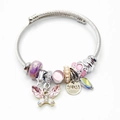 Mooie zilveren bedelarmband in Pandora-stijl met roze vlinder en LOVE-hangers - Roze Zirkonia Vlinder