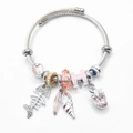 Elegante zilveren bedelarmband met roze H-letter en visgraat hangers met strassteentjes - Roze Vis Slak Ster