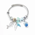 Zilveren bedelarmband met visgraat, schelp en lichtblauwe letter H hangers, chic - Blauwe Vis Slak Ster