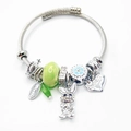 Zilveren kabelarmband met groene kraal, konijn en Grandma hartbedels voor vrouwen - Groene Konijn Kroon