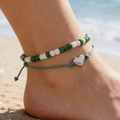 Set di cavigliere bohémien fatte a mano con perline verdi bianche e ciondolo a cuore in argento - Set Cuore Verde e Bianco (31062-ank-green-EP)