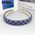 Blue and white rhinestone headband with diamond pattern and wide velvet lining - Style A - Blue Base White Rhinestone