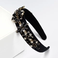 Cerchietto barocco in velluto nero con strass a forma di girasole e dettagli dorati - Nero