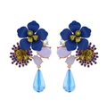 Deep blue resin flower earrings with purple beads and teardrop crystal pendants - Blue