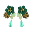 Vintage green resin flower drop earrings with rhinestones and emerald-toned pendants - Green