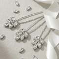 Elegant silver leaf hair pins set with sparkling rhinestones for bridal hair styling - Silver Rhinestone Hair Stick