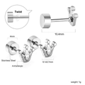 Boucle d'oreille couronne argentée en acier inoxydable avec vis et détails de mesures - Style Couronne Argent (EA624401S)