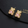 Exquisite gold bear stud earrings with pink heart zircon and micro-pave crystals - Gold Base Pink Heart (B)