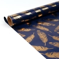 Dark blue wrapping paper roll with elegant gold foil feather patterns for gift packing - Blue Gold Feathers
