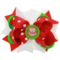 Christmas layered hair bow with red white polka dots and Santa Claus pattern clip - Style 10 (Santa Claus Badge)