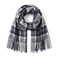 Classic blue and grey plaid scarf with fringes for winter, soft checkered pashmina style - 200x60cm / Grey Blue (31#)