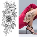 Large black sunflower and dragonfly sketch temporary tattoo sticker for body art - Bk-071 / 96*190mm