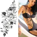 Black and white sketch flower temporary tattoo sticker featuring realistic rose design - Bk-072 / 96*190mm