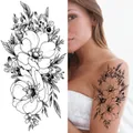 Large black and white sketch floral temporary tattoo sticker for arm and shoulder - Bk-073 / 96*190mm