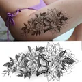 Black and white floral butterfly sketch tattoo sticker for thigh and leg placement - Bk-055 / 96*190mm