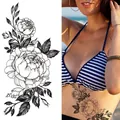 Beautiful sketch style black and white floral temporary tattoo sticker for women rib art - Bk-052 / 96*190mm