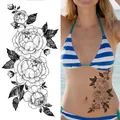 Detailed black and white sketch peony flower temporary tattoo sticker for body art - Bk-053 / 96*190mm