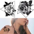 Black and white sketch rose tattoo sticker featuring a geometric triangle design for skin - Bk-057 / 96*190mm