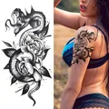Temporary tattoo sticker with a black sketch design of a snake and roses on arm - Bk-059 / 96*190mm