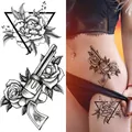 Black and white sketch tattoo sticker with rose and revolver designs for body art - Bk-070 / 96*190mm