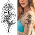 Black and white rose and crescent moon temporary tattoo sticker with geometric design - Bk-063 / 96*190mm