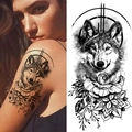 Realistic black and white wolf head and floral temporary tattoo sticker for upper arm - Bk-076 / 96*190mm