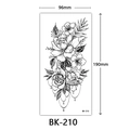 Large black and white sketch floral tattoo sticker featuring roses, size 96mm x 190mm. - Bk-210 / 96*190mm