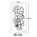 Large black and white temporary tattoo sticker with sketch flowers and bird, 96x190mm - Bk-216 / 96*190mm